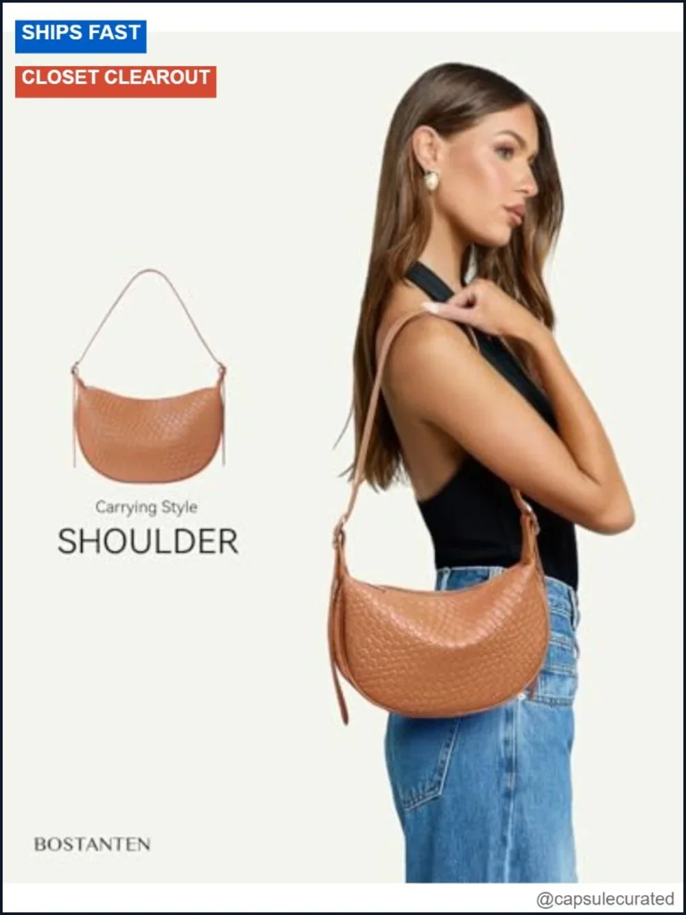 Vegan Leather Crescent Crossbody Hobo Bag with Adjustable Strap